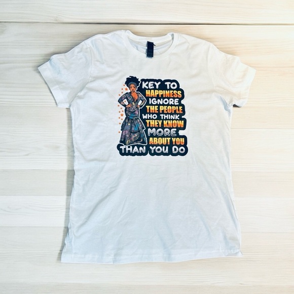 Hand-Pressed "Key to Happiness" Graphic Tee - White, XL - Picture 3 of 6